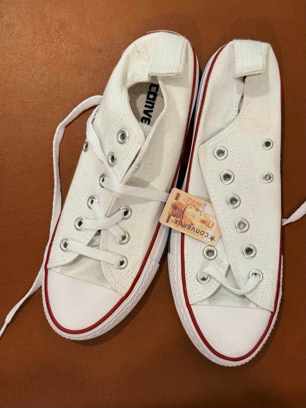 Converse Classic White Canvas Low Top Sneakers with Red Stripe - Picture 2 of 3